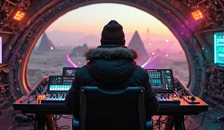 A hyperrealistic cinematic scene of a young male music producer sitting in a luxurious black leather executive chair, viewed fro...