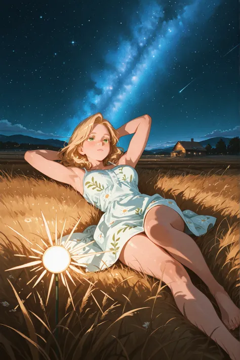 Australian farm girl, adult, heart-shaped face, button nose, natural dimples, bright green eyes reflecting starlight, long blond...