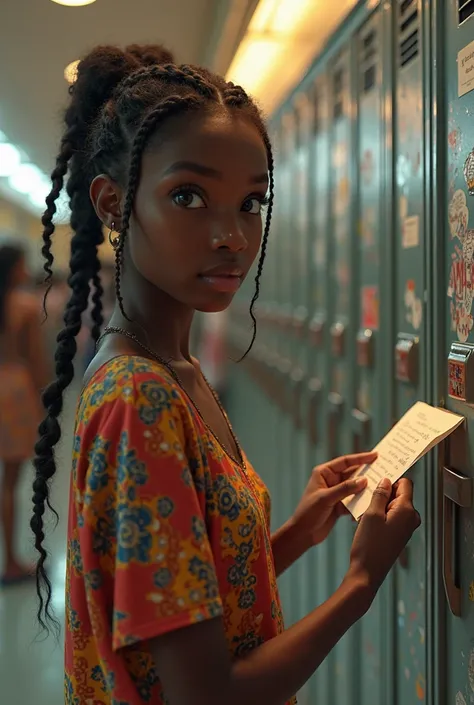 An image of a young African girl in her 18s secretly dropping a love letter in a guys locker 