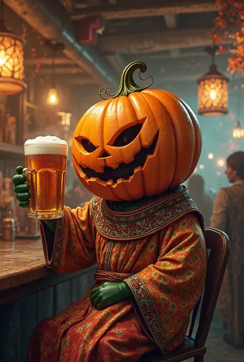 A pumpkin dresses ethnic wear drinking beer in a pub