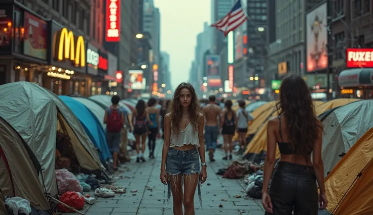 A chaotic street scene in New York City, with rows of homeless tents lining both sides of the sidewalk. Trash is tered everywher...
