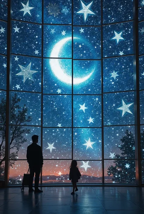 The model of a glass sunshade with stars and the moon on the glass.captivante.