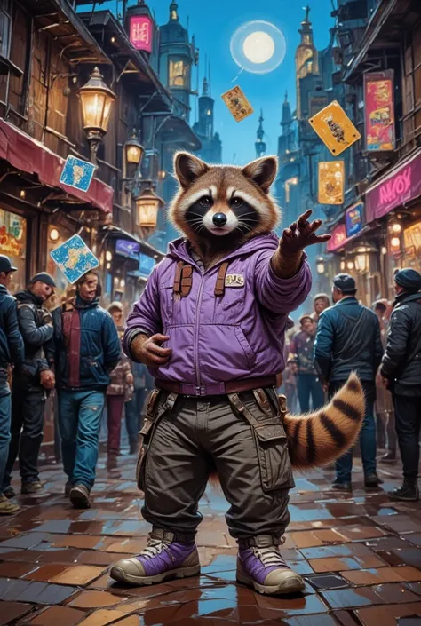 •	A raccoon
	•	Wearing a light purple hoodie
	•	Wearing casual cargo pants
	•	Holding and tossing colorful magic playing cards i...
