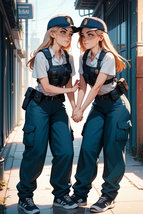 2 girls, a flat-chested girl, slouching in front and putting her hands on her hips, girl leaning forward, SWAT, long length pant...