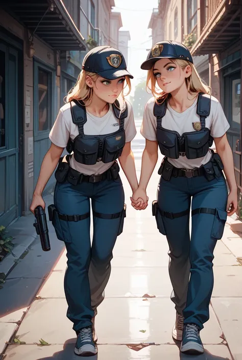 2 girls, a flat-chested girl, slouching in front and putting her hands on her hips, girl leaning forward, SWAT, long length pant...