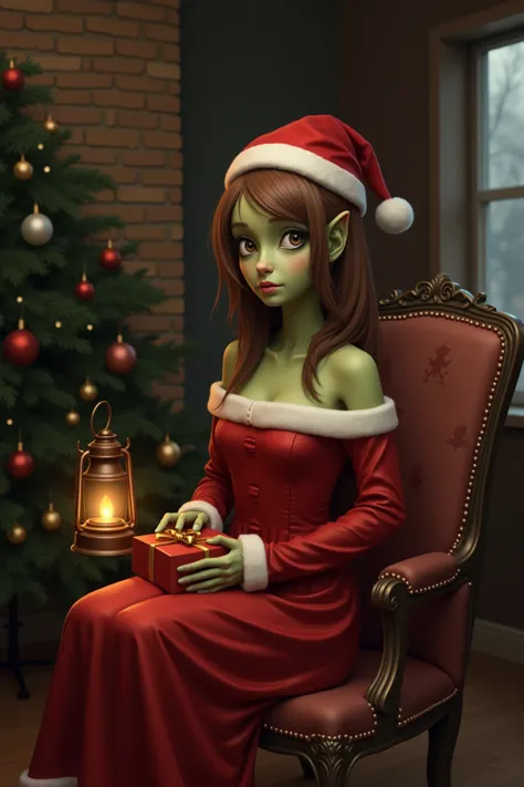 A realistic picture of a 20 year old  girl wearing Santa off shoulder dress with a Santa hat outfit seating on the chair. She ha...