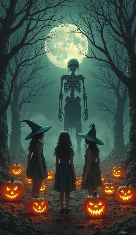 A glowing jack-o’-lantern circle under the moon, young witches chanting, one girl accidentally summons a skeletal god with jacka...