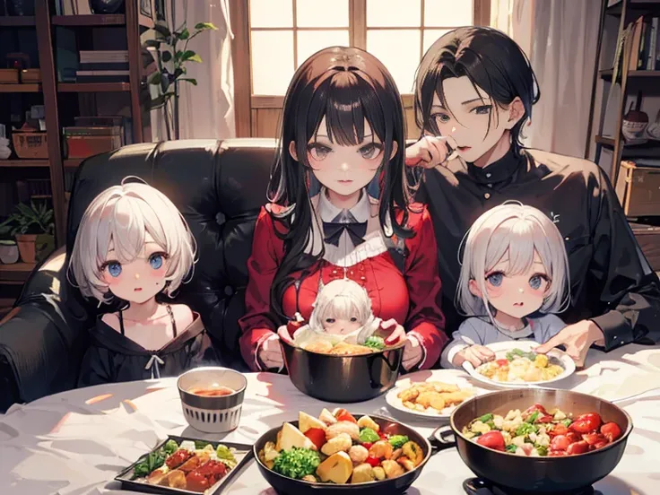 The family was eating，I'm a mother of 1 and a father of 1，THREE KIDS 
