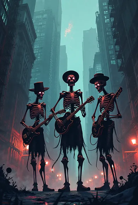 Three musical silhouetted skeletal figures playing instruments against a dark, urban cityscape background