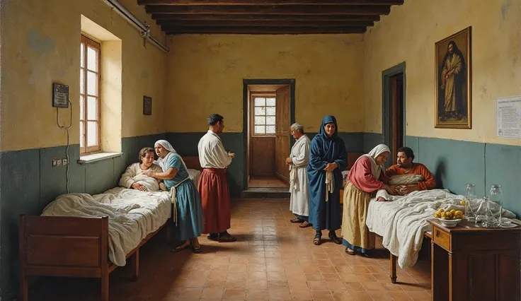Interior of a simple Latin American hospital, with a wing called “San Martín”, where volunteers care for the sick with love; Els...