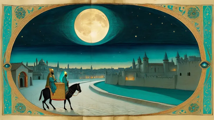 Prompt 19: "A final scene of the traveler returning home along moonlit alleys, the scarab amulet glowing softly against a teal t...