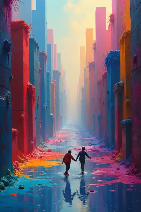 obra maestra, vibrant, overflowing, a city formed by giant, frozen splashes of liquid paint, where rivers of color flow between ...