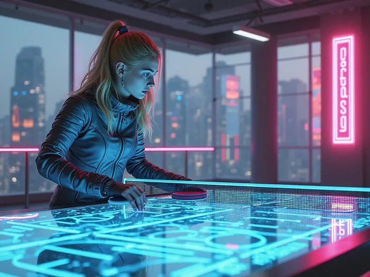 Concept Art: A futuristic concept art piece featuring a blonde college student in a sci-fi outfit, playing ping pong on a hologr...