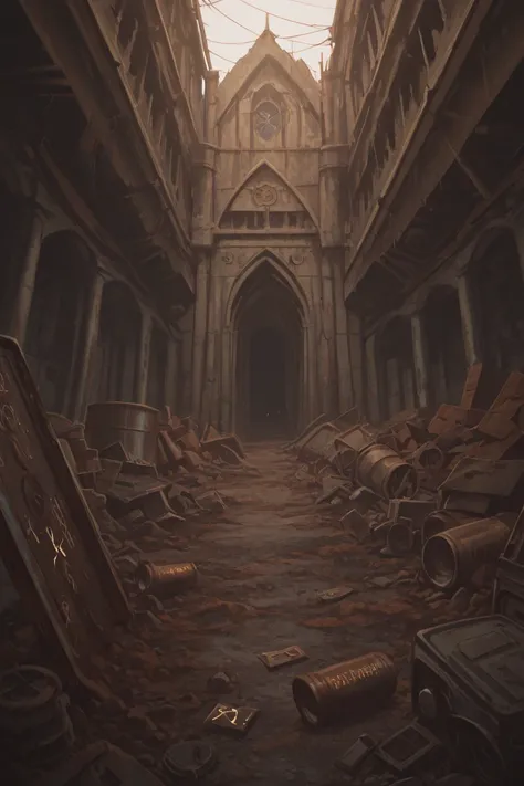 The outside of a corrosive cathedral with rust, junk, and ancient corrosive relics and runes dispersed around the outside