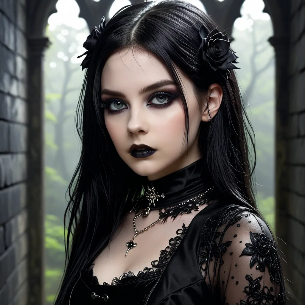 (recreate the image by removing the background and replacing it with a surreal and dark environment), beautiful goth girl lookin...