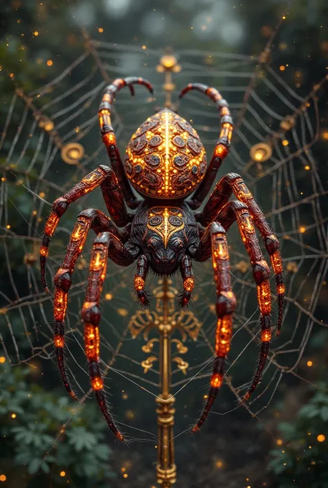 A mystical African spider with glowing patterns on its back, sitting in a magical web shaped like tribal symbols. Background sho...