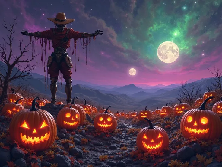 "Halloween pumpkin patch on a distant alien planet, bioluminescent pumpkins with unusual shapes and glowing alien faces, purple ...