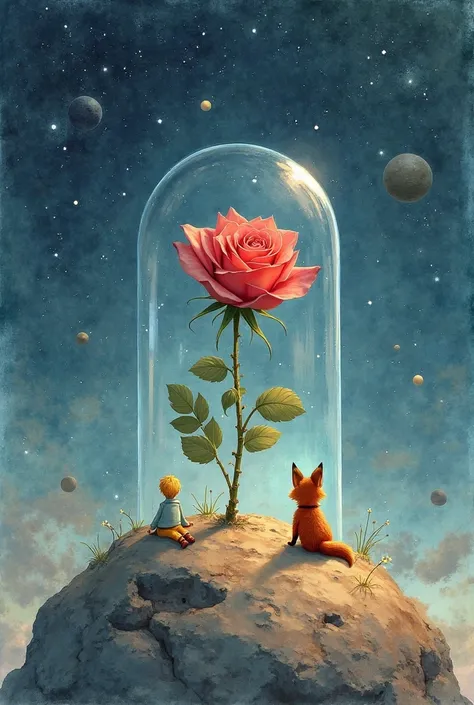 “From the perspective of the rose on a small asteroid, looking across space at the Little Prince and the fox sitting together on...
