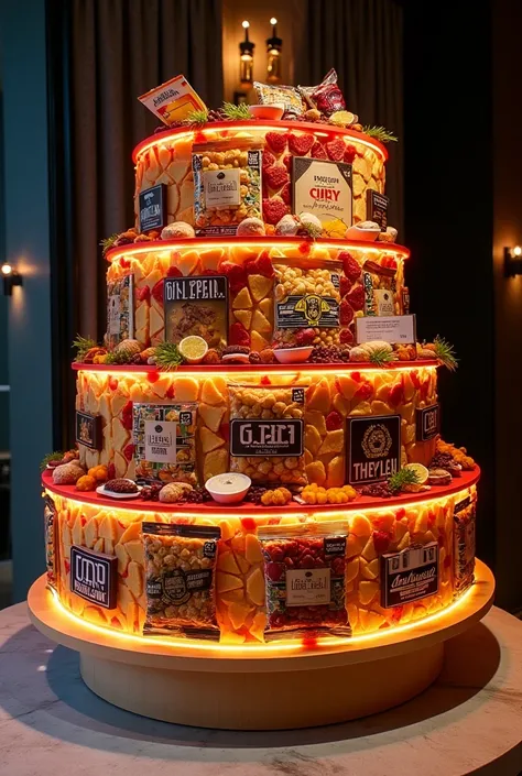 Cake shaped charcuterie wall standing  in arcylic with 8feet, to be placed in entrance of hall as welcome board, with neon light...