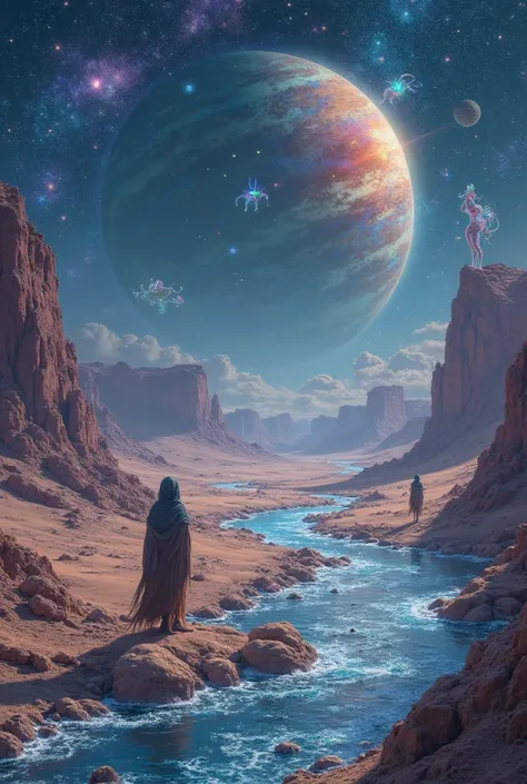 "A dreamlike desert landscape at midnight — glowing crystals emerging from sand dunes, a silver river flowing under a sky full o...