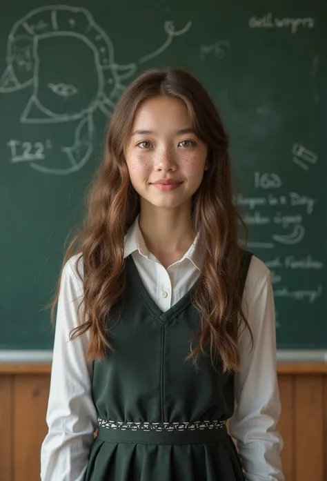 real photo, a beautiful girl aged 17-18 is standing at the blackboard in a cute school uniform, slender, 3-4 size , green eyes, ...