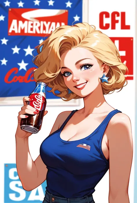 American retro poster style,60s,Blonde woman in her 40s,sexy,holding a bottle of Cola in one hand and smiling
