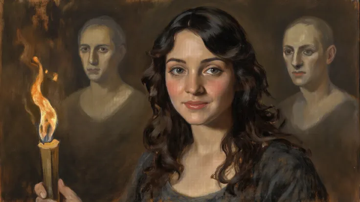 Charcoal and pastel drawing, character (The Woman (Female; 28; Caucasian; long dark brown hair; fair skin; oval face; subtle smi...