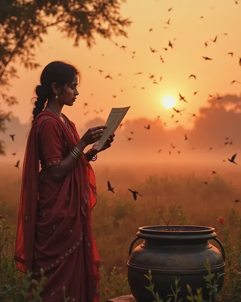  A beautiful Indian village girl in a soft red salwar kurta, standing near a well at twilight. Her dupatta gently flows in the b...