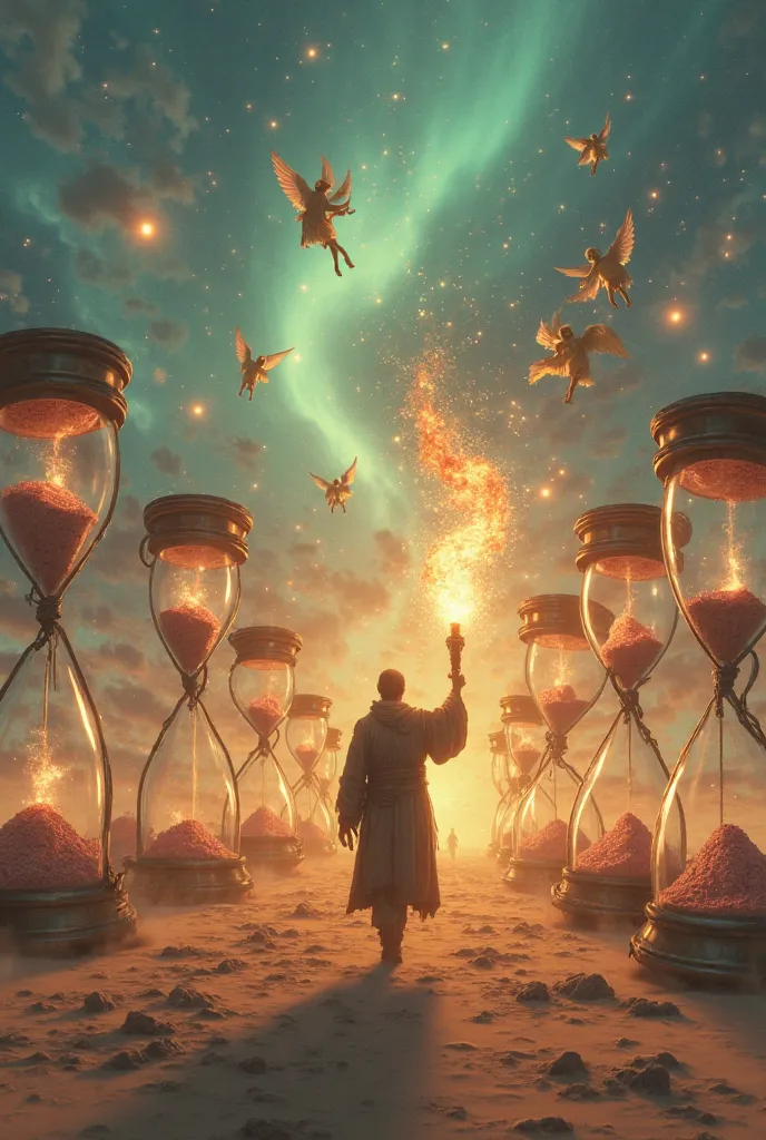 A blind prophet walks through a desert of giant hourglasses, holding a torch made of fire and time. Behind him, angelic figures ...
