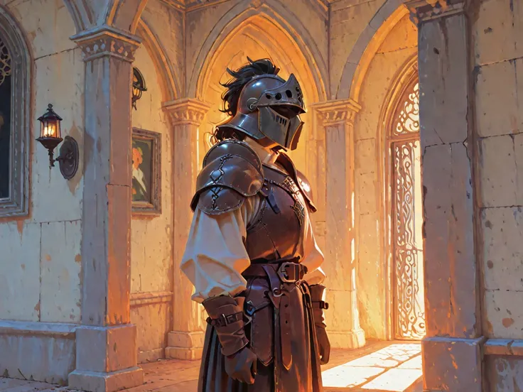  Middle Ages, picture, oil painting.  , a merchant convinces an old warrior guard (standing at the gates of the fortress in leat...