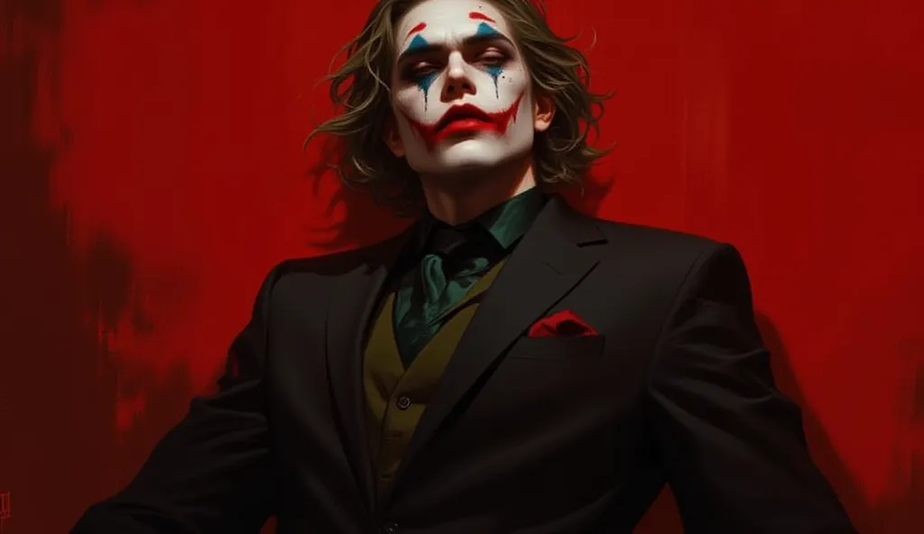 Make a handsome joker who is crying, using black suit .  red background  