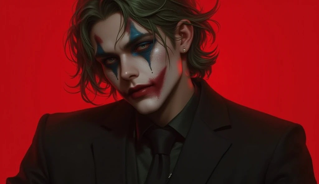 Make a handsome joker who is crying, using black suit .  red background  