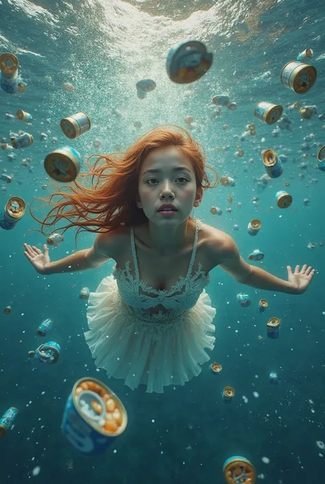 A beautiful girl with brown hair, Swimming with tunas, there are cans of tuna around her and the tunas