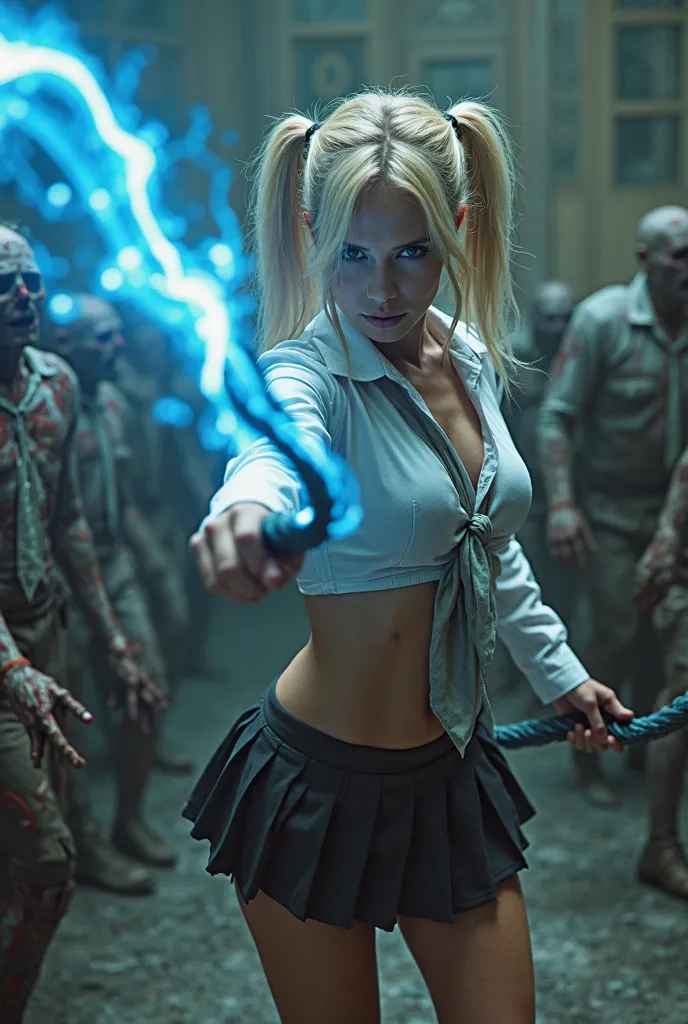 Action scene. NSFW. A blonde assassin is in a fight against villainous undead characters in the auditorium of a school in a post...