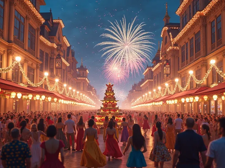 realizame una imagen con esto: parades, dances, lights, and fireworks