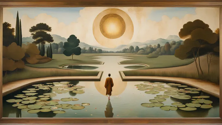 Prompt 20: "A symbolic closing image of a figure walking away from the pond, their steps light and shoulders eased, lotus petals...