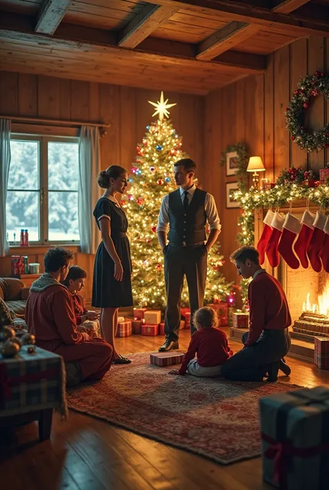 
Create a warm, nostalgic Christmas scene set in a cozy, softly-lit living room. The room features wooden walls and a large wind...