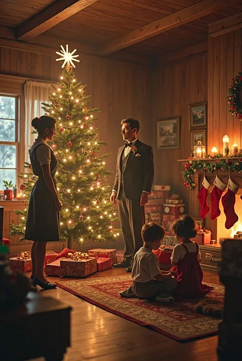 
Create a warm, nostalgic Christmas scene set in a cozy, softly-lit living room. The room features wooden walls and a large wind...