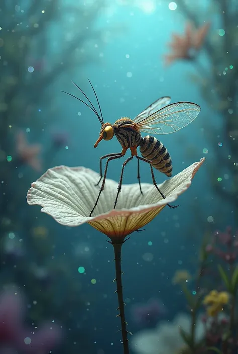 a marine mosquito swims on a petal, like on a boat 