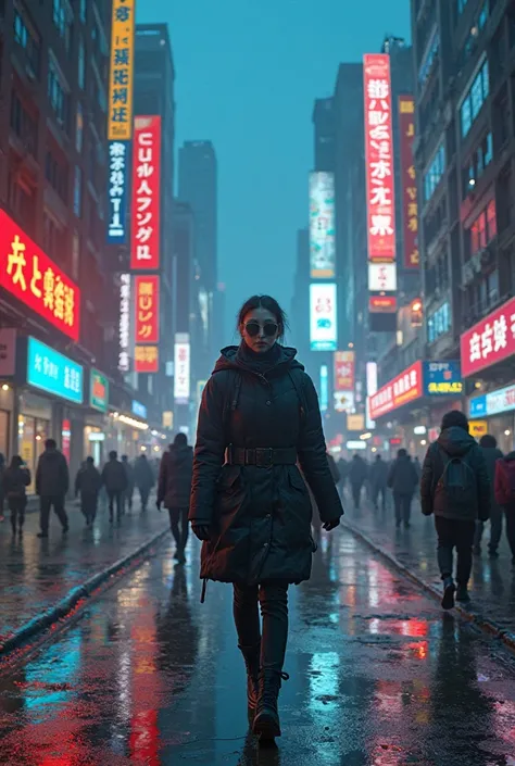 . {x} is a futuristic cyberpunk-style city governed by algorithms, neon lights reflect on wet streets, drones fill the sky, and ...