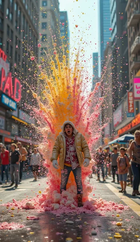 On a busy street in a big city in New York, the pie explodes with a multicolored 'POF!', spraying whipped cream and glitter all ...