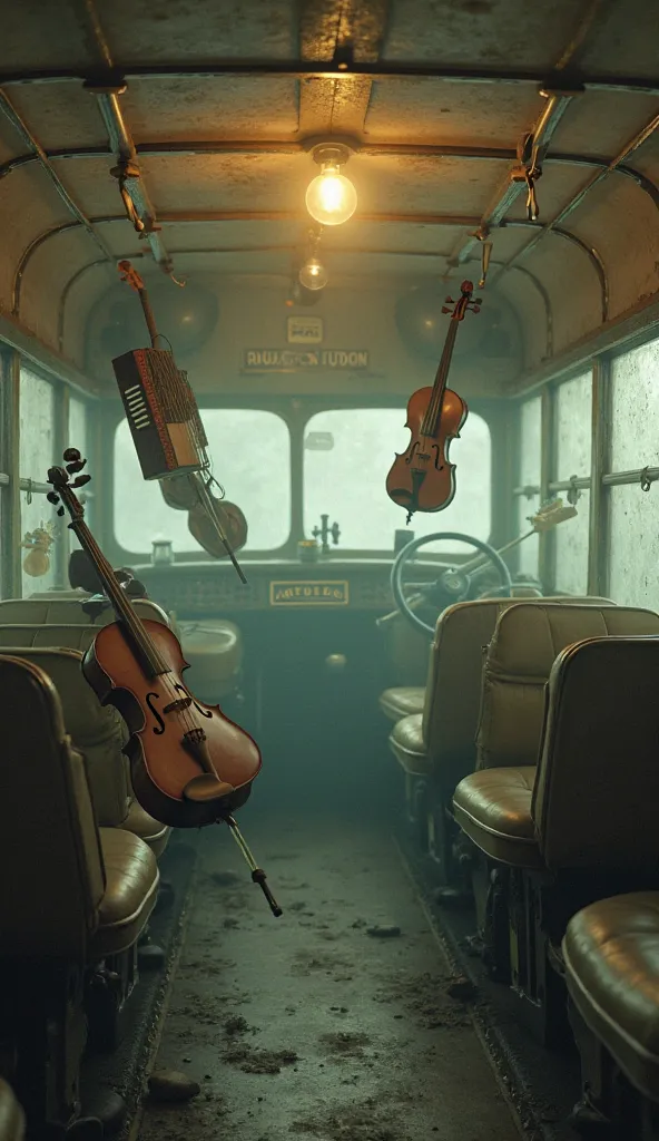 Inside the bus: vintage musical instruments like a violin, harmonium, and drums floating and playing themselves. No one visible,...