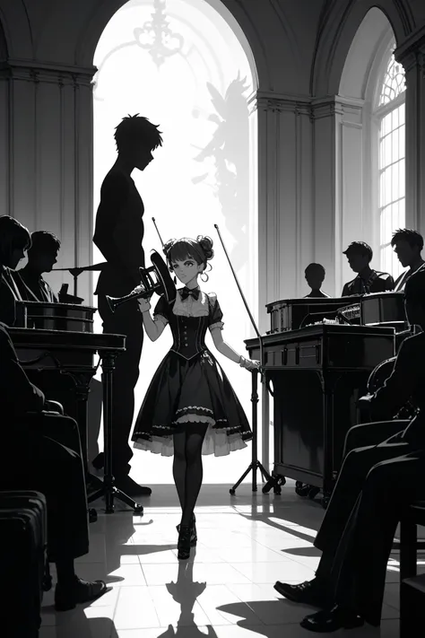 orchestra,silhouette,black and white,monochrome,shadow