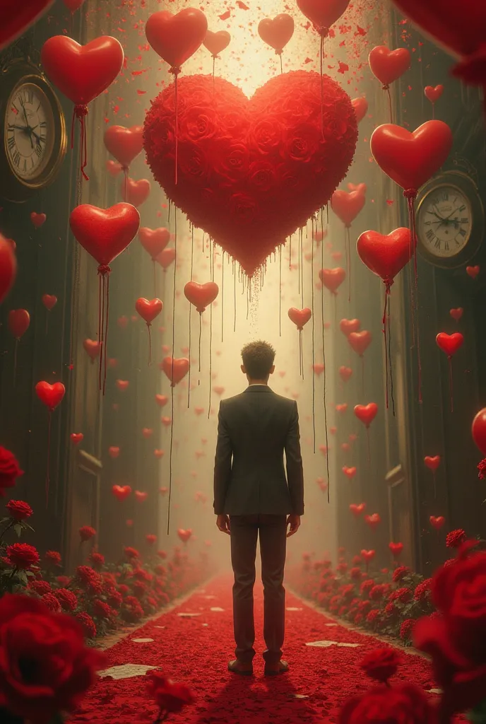 Symbolic surreal artwork of a person standing in a whirlwind of roses, love letters, and glowing hearts, all coming at them too ...