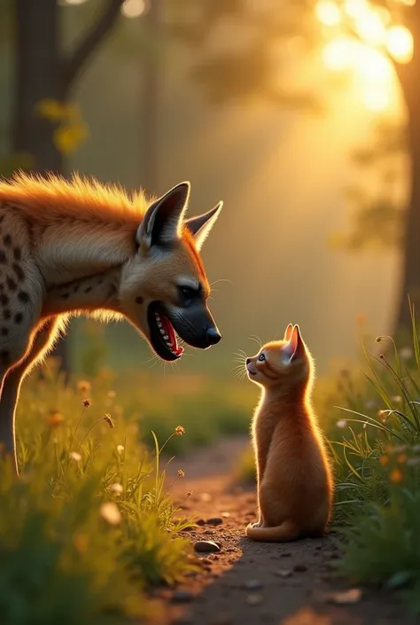 a realistic scene of an adult hyena walking toward a small orange kitten on a forest path at golden hour, the hyena has its mout...