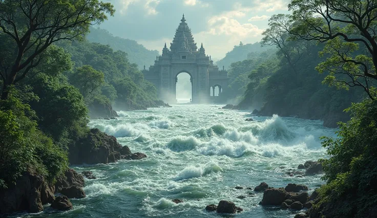 > "A violent ancient Indian river overflowing through dense green jungles, dramatic skies, Chola-era architecture in background,...