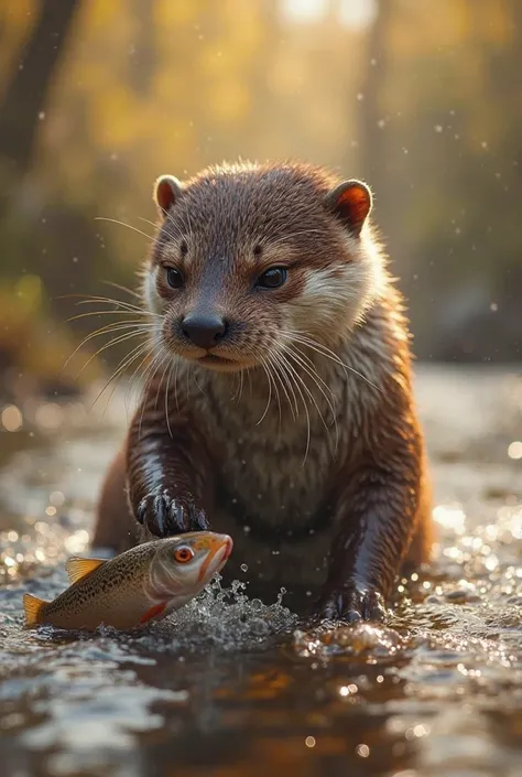 A realistic, photorealistic otter standing in a shallow river, catching a fish with its paws. The otter has brown sleek fur, bri...