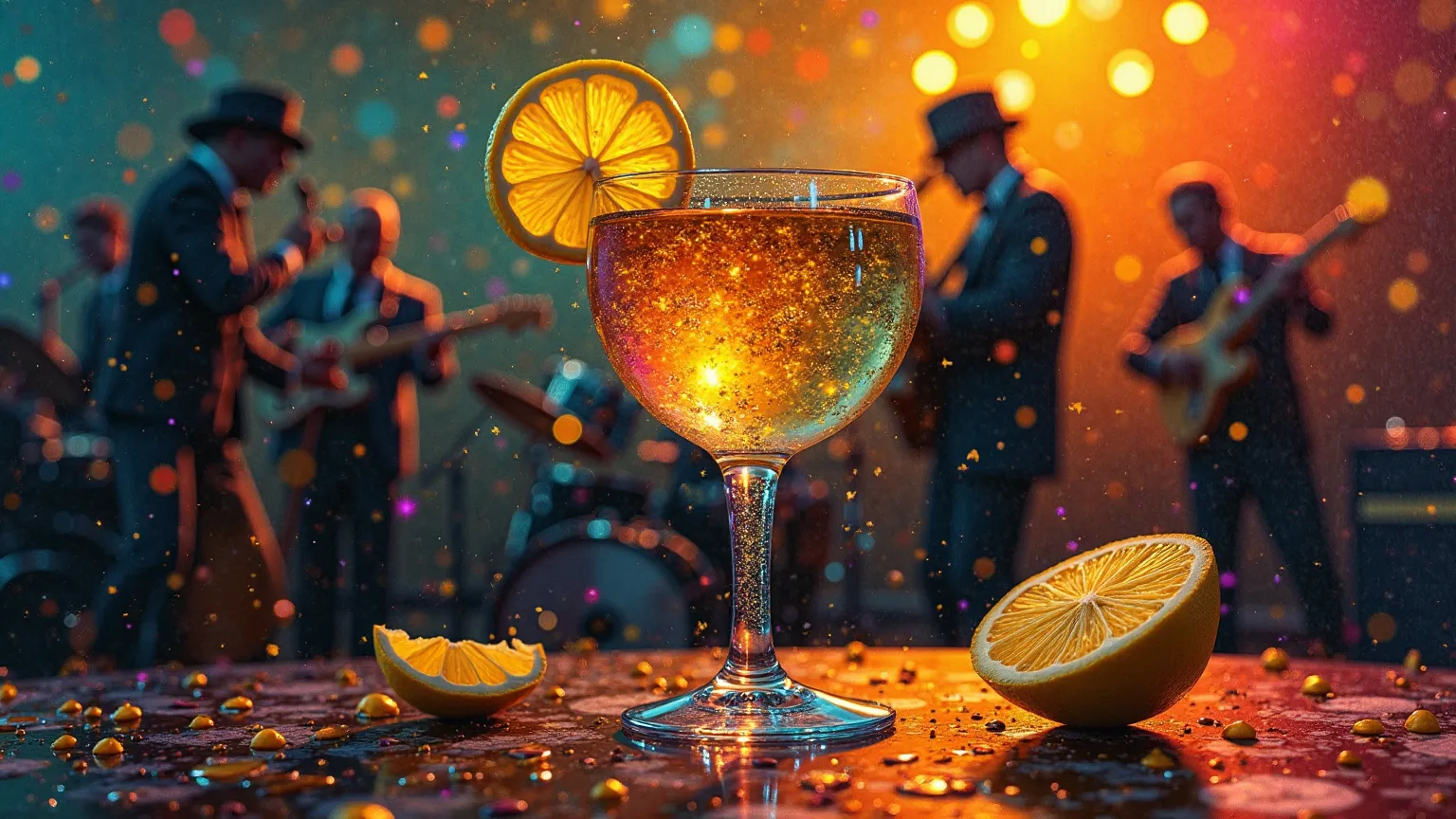 Create an intricate oil painting illustration of a Tequila glass on the festive jazz band in the background with lemon on the si...