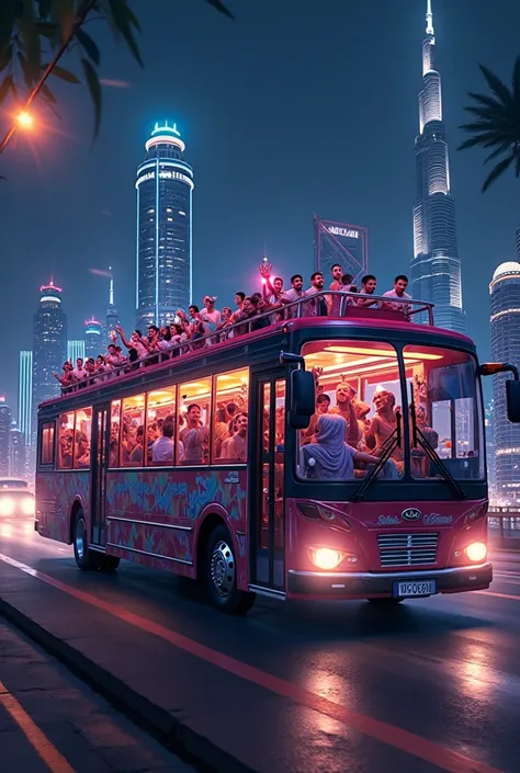 A bus roams the streets of Dubai with people celebrating inside. The photo shows part of Dubai's landmarks
in night mode and dar...