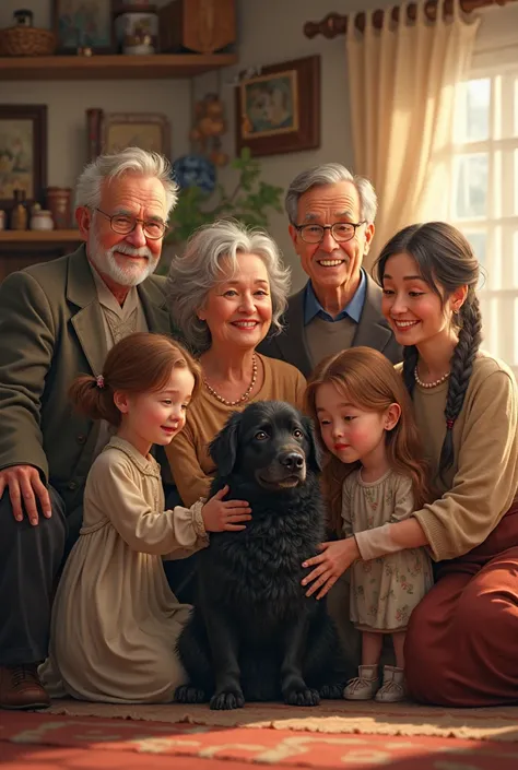 Two older men, three older women, three girls, a  and a black dog. 
